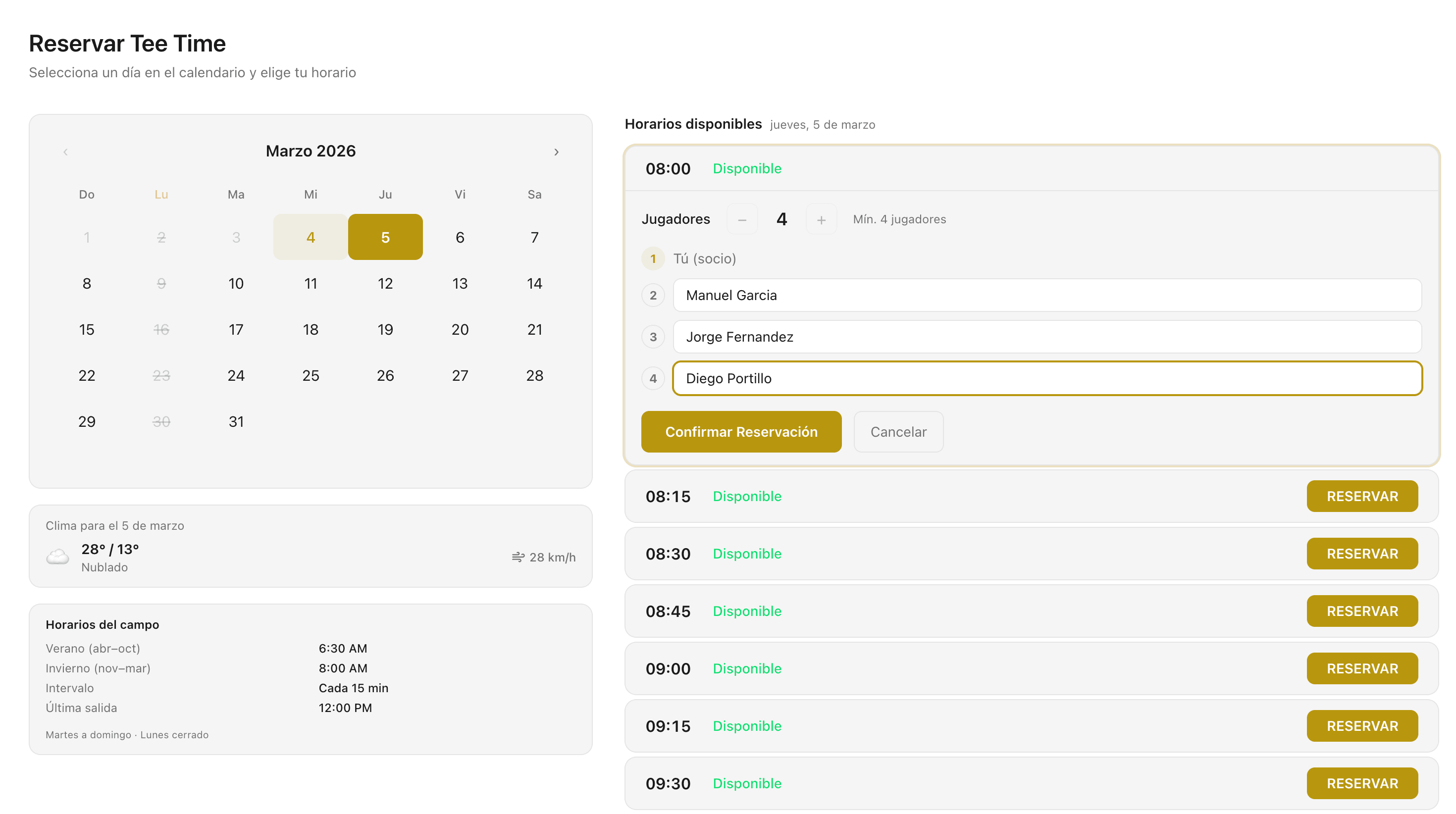 El Marshal — Calendario de reservas con horarios disponibles y formulario de jugadores
