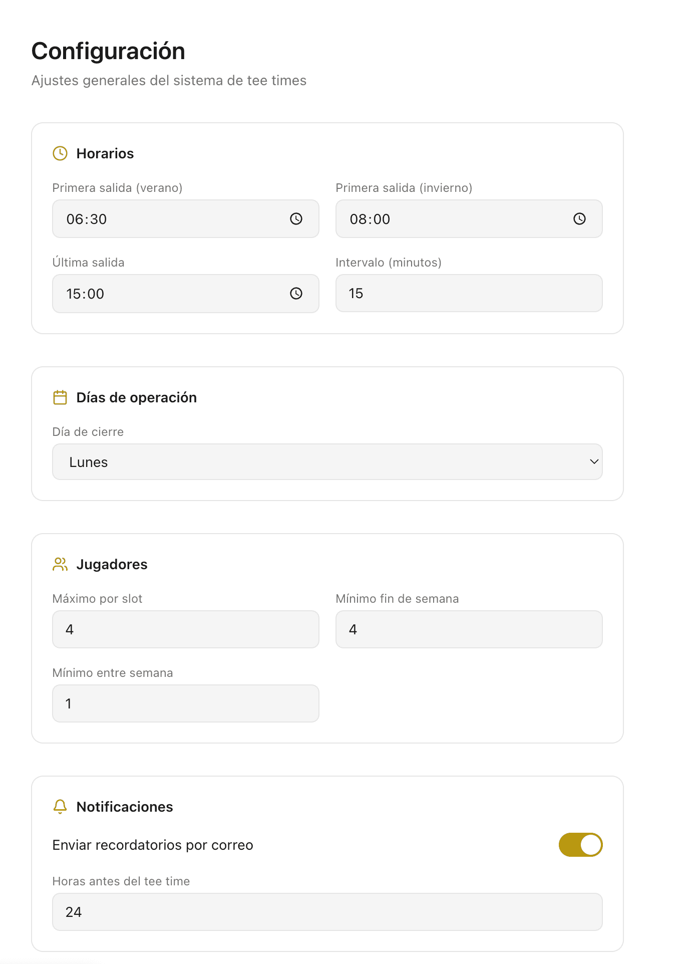 El Marshal — Configuración: horarios, jugadores y notificaciones